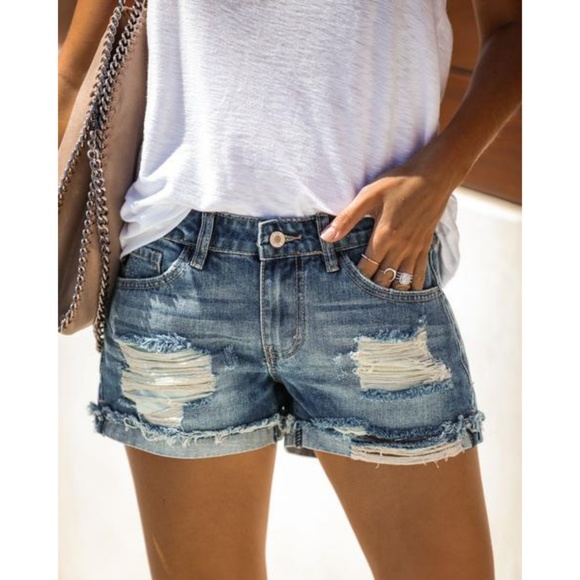 Distressed ripped denim jeans shorts cutoff cuffed - Picture 2 of 6